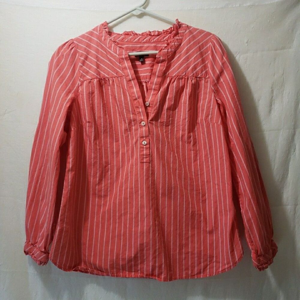 Talbots Medium M Coral Pink White Stripe Ruffle Collar Henley Blouse Long Sleeve
